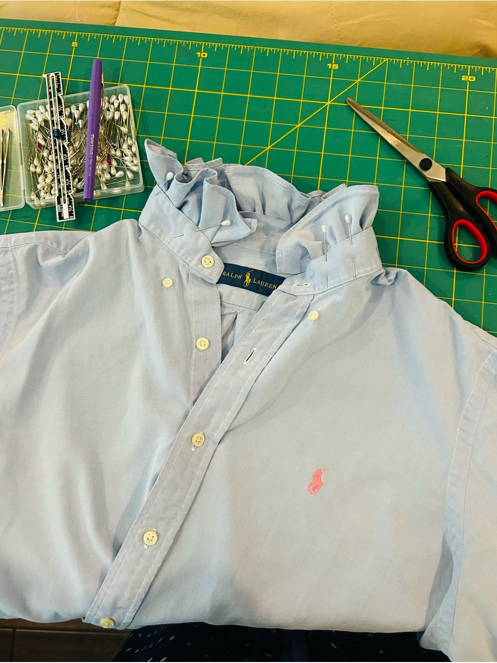 Ralph Lauren Blue Men's Upcycled Button-Down Shirt w/ Pink Pony Ruffled Collar - Picture 5 of 5